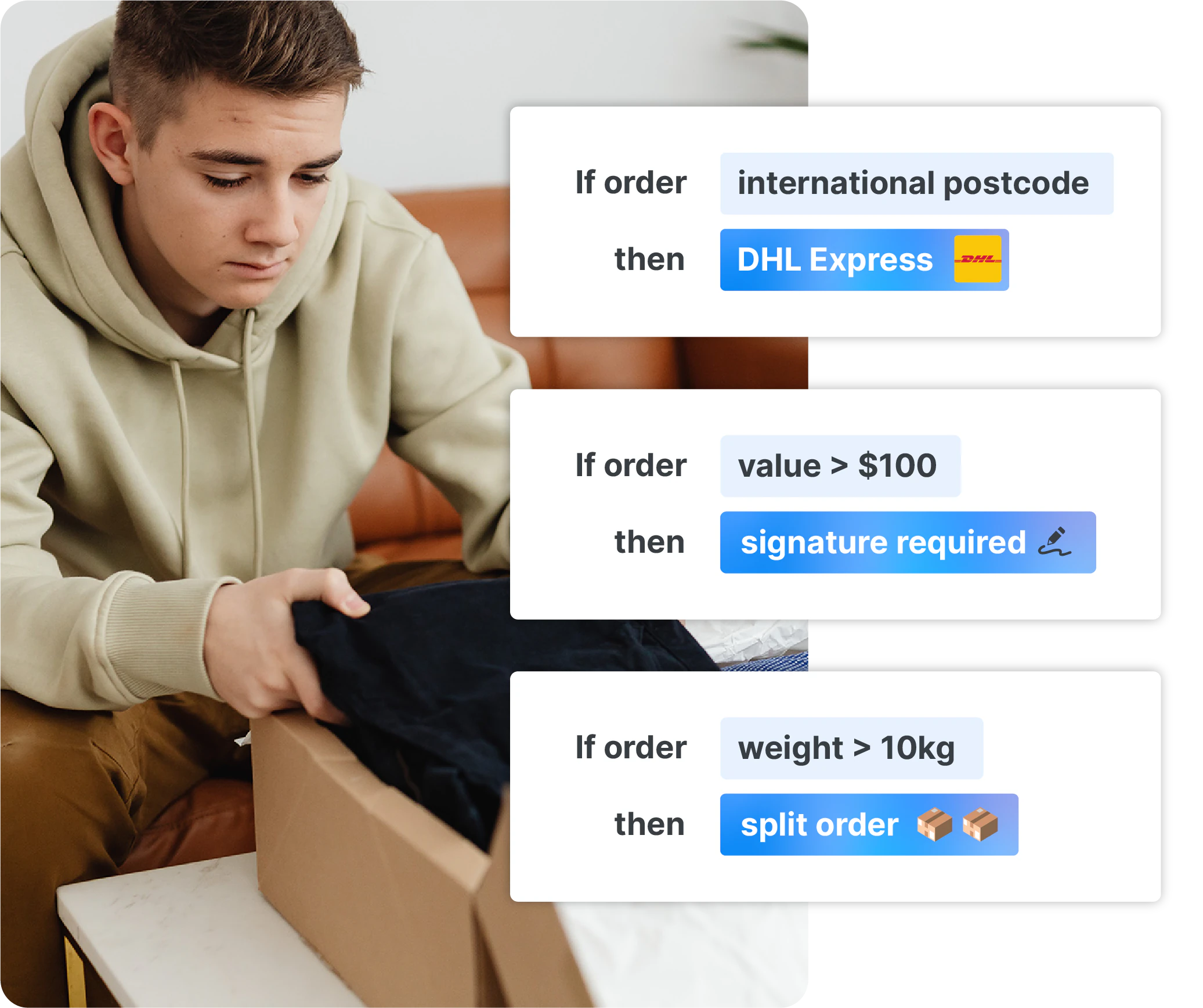 Starshipit bulk settings illustration showing shipping rules for international postcode, signature required, and split order workflows